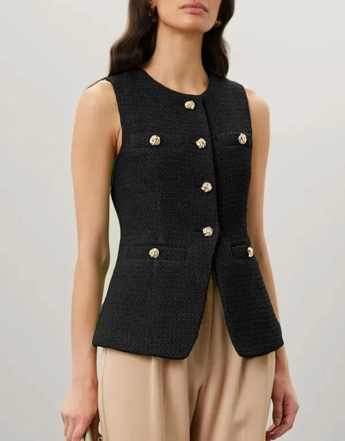 Women's Tweed Blazer Vest Sleeveless Button Front Casual Blazer Jackets Work Office Vest