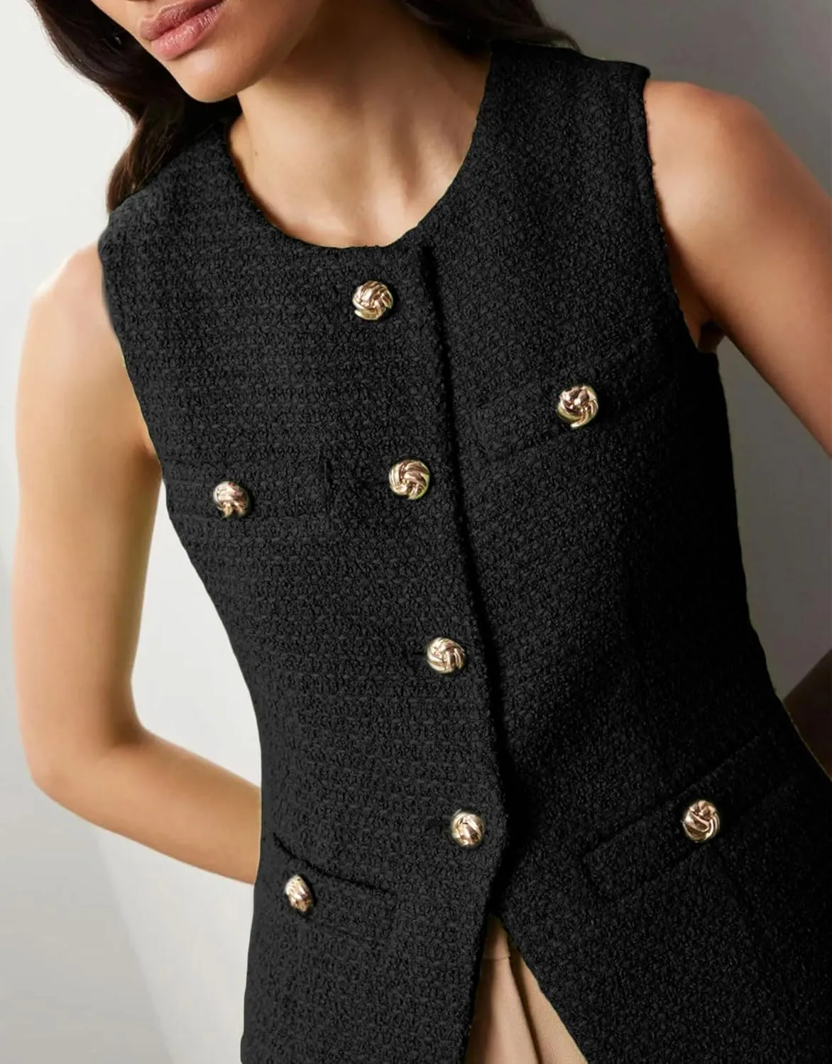 Women's Tweed Blazer Vest Sleeveless Button Front Casual Blazer Jackets Work Office Vest