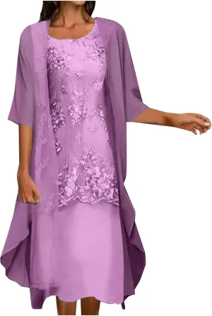 Womens Two-Piece Set Floral Embroidered Midi Dress with Chiffon Cardigan Sleeveless Plus Size Wedding Guest Dresses