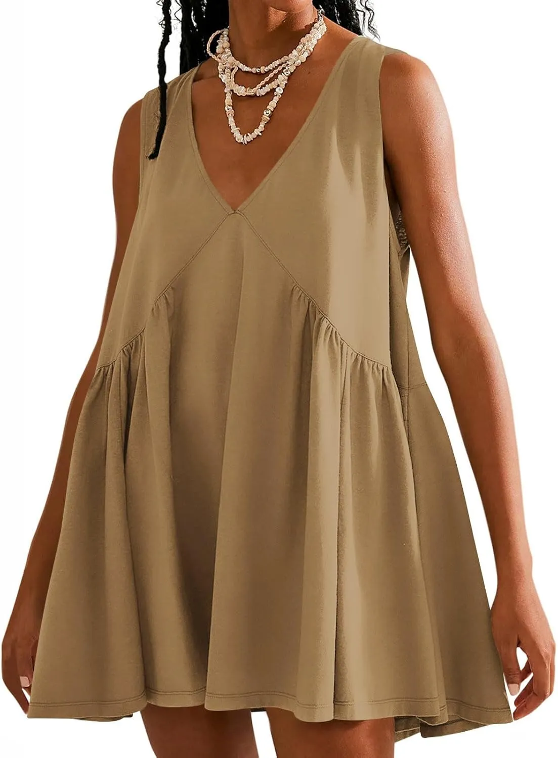 Women's V Neck Sleeveless Mini Dress Casual Loose 2025 Summer Beach Solid Color Pleated Swing Flowy Babydoll Sundress