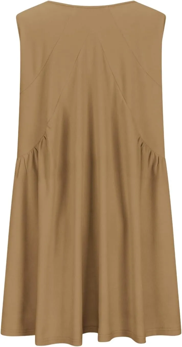 Women's V Neck Sleeveless Mini Dress Casual Loose 2025 Summer Beach Solid Color Pleated Swing Flowy Babydoll Sundress