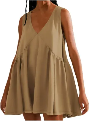Women's V Neck Sleeveless Mini Dress Casual Loose 2025 Summer Beach Solid Color Pleated Swing Flowy Babydoll Sundress