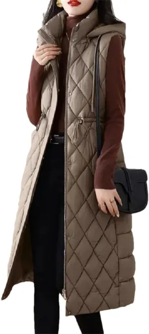 Womens Vest Loose Winter Long Down Cotton Jacket Knee Thick Sleeveless Waistcoat Hooded Oversize Jacket