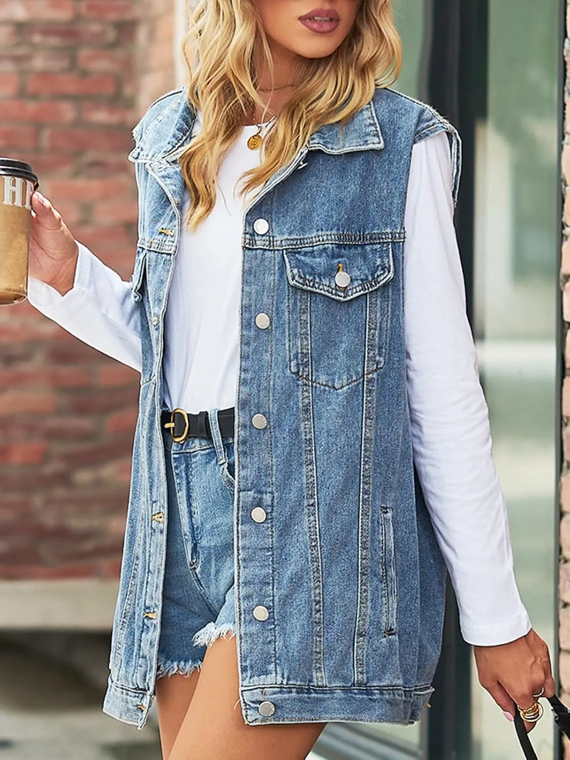 Women's Vintage Denim Vest Oversized Casual Classic Sleeveless Button Denim Jacket Waistcoat