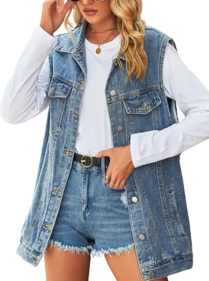 Women's Vintage Denim Vest Oversized Casual Classic Sleeveless Button Denim Jacket Waistcoat