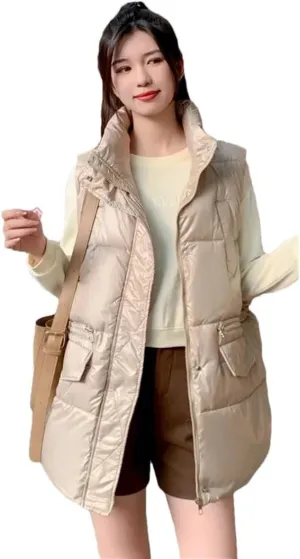 Women's Winter Down Cotton Vests Mid-Length Cotton-Padded Waistcoat Warm Padded Puffer Parkas Outwear