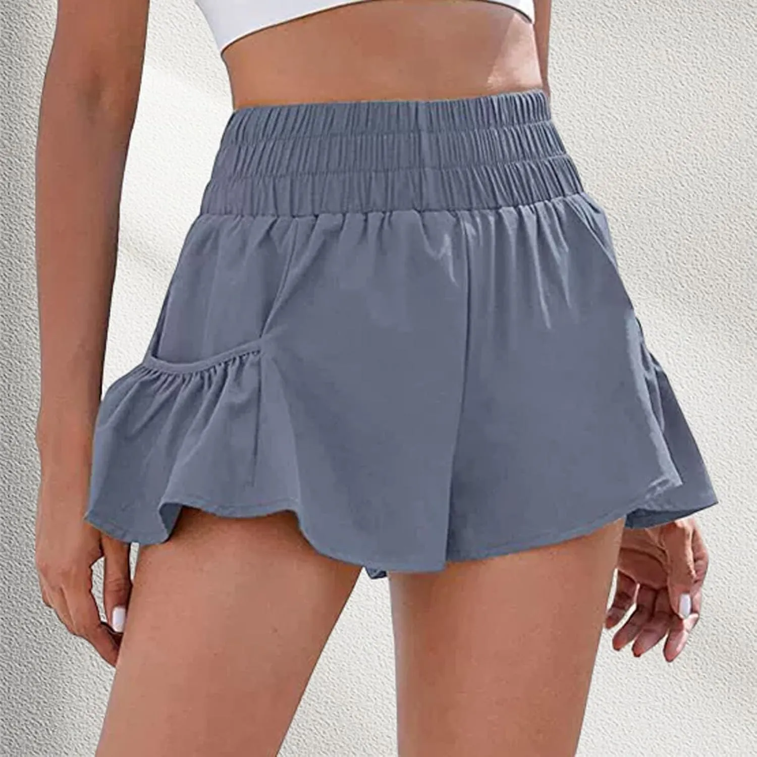 Women's Workout Skirt Ruffle Hem Athletic Running Skorts Elastic High Waisted Wide Leg Lightweight Gym Shorts with Pockets