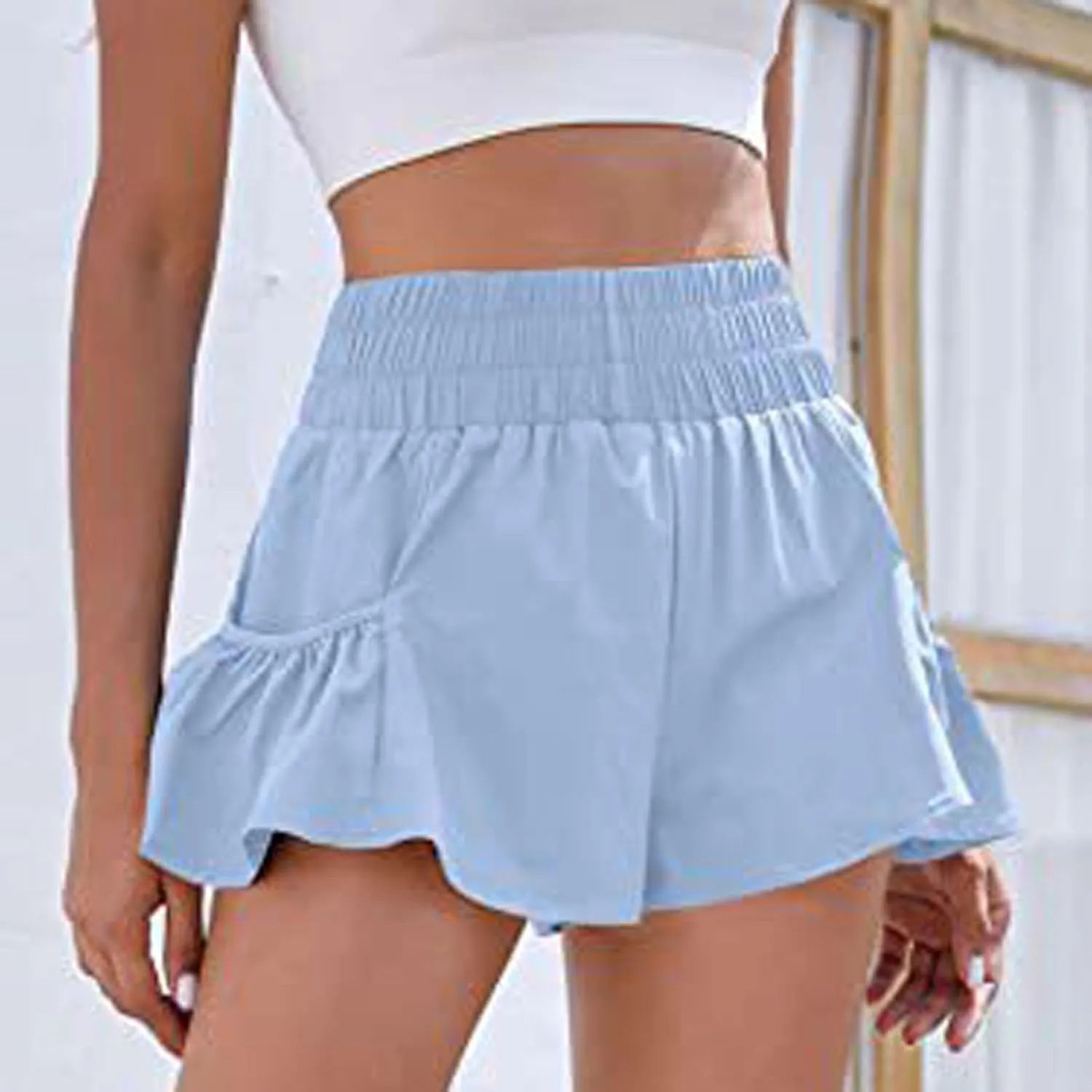 Women's Workout Skirt Ruffle Hem Athletic Running Skorts Elastic High Waisted Wide Leg Lightweight Gym Shorts with Pockets