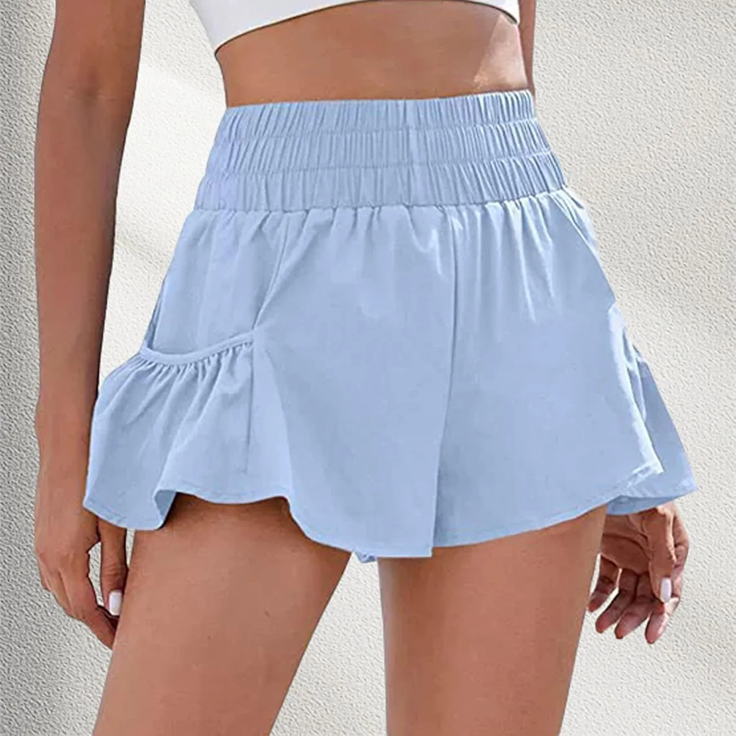 Women's Workout Skirt Ruffle Hem Athletic Running Skorts Elastic High Waisted Wide Leg Lightweight Gym Shorts with Pockets