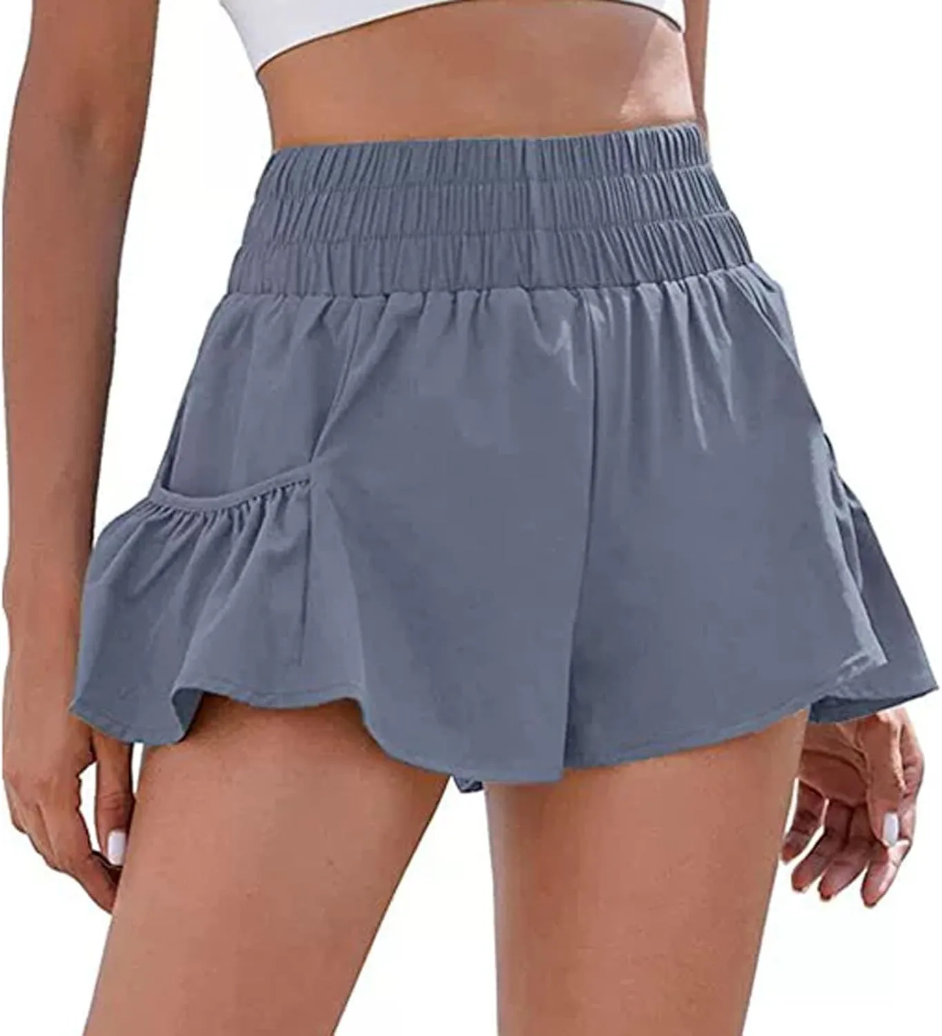 Women's Workout Skirt Ruffle Hem Athletic Running Skorts Elastic High Waisted Wide Leg Lightweight Gym Shorts with Pockets