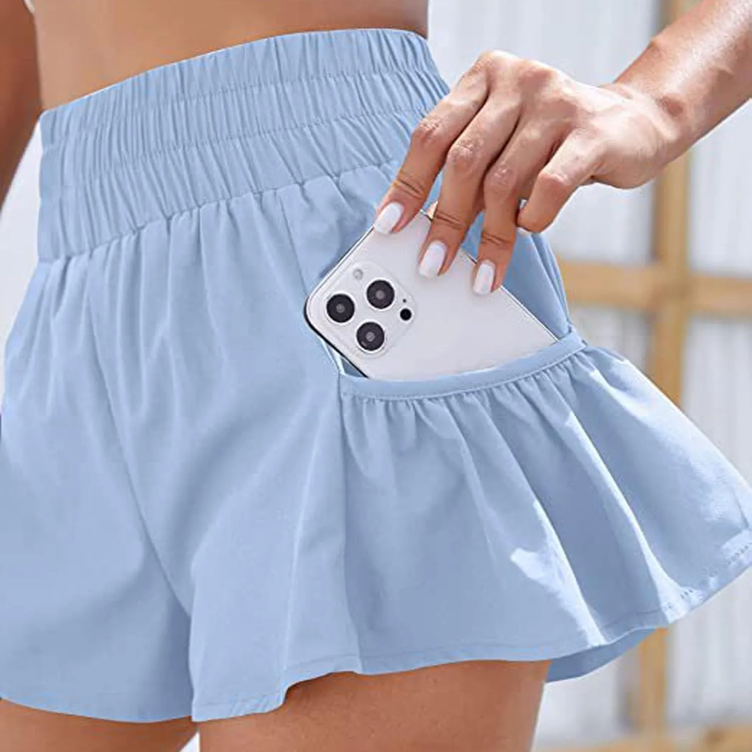 Women's Workout Skirt Ruffle Hem Athletic Running Skorts Elastic High Waisted Wide Leg Lightweight Gym Shorts with Pockets
