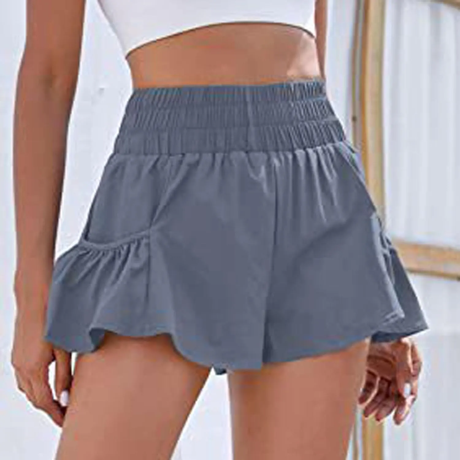 Women's Workout Skirt Ruffle Hem Athletic Running Skorts Elastic High Waisted Wide Leg Lightweight Gym Shorts with Pockets