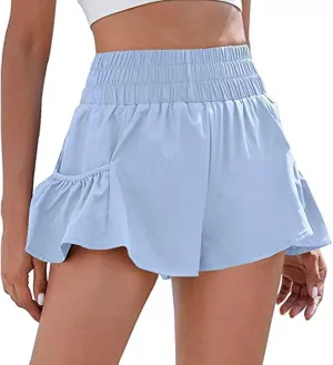 Women's Workout Skirt Ruffle Hem Athletic Running Skorts Elastic High Waisted Wide Leg Lightweight Gym Shorts with Pockets