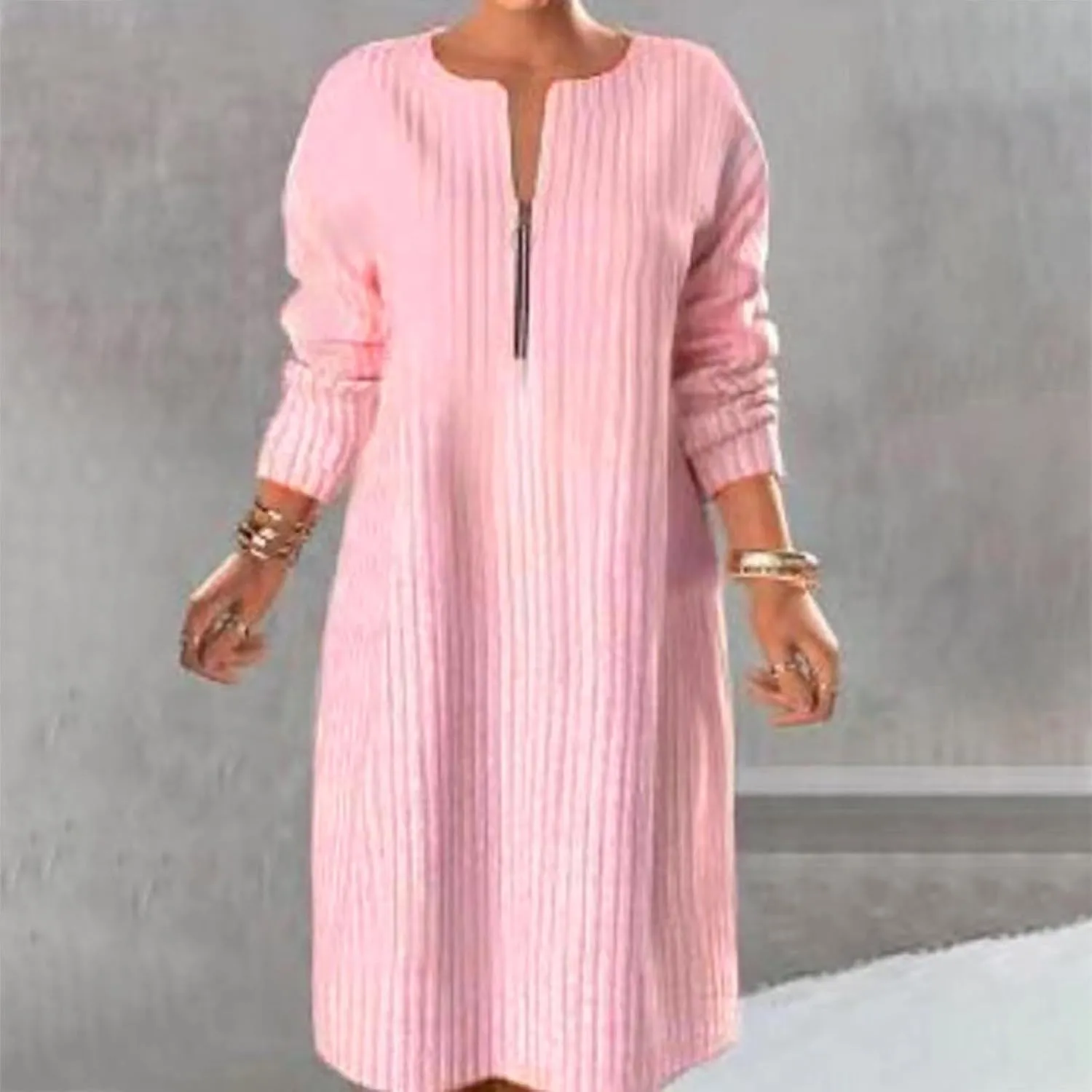 Women's Zip Up Front V Neck Long Sleeve Midi Casual Shift Dresses Plus Size Colorblock Midi Dress Comfy Sweater Dress
