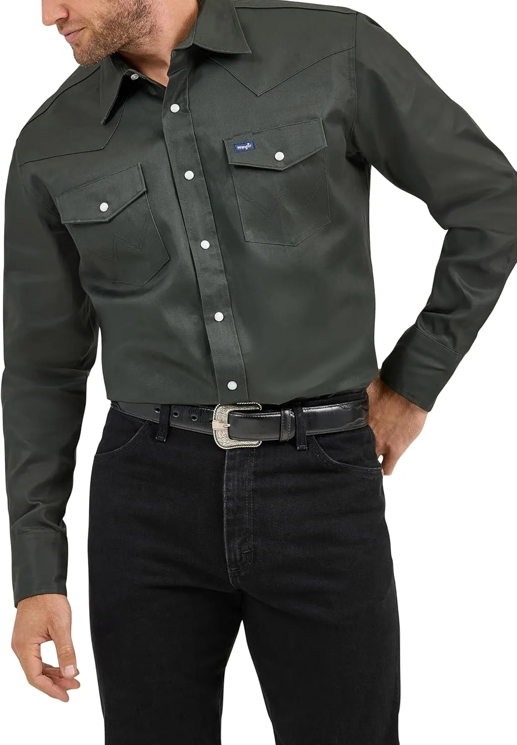 Wrangler Men's Cowboy Cut Work Western Long-Sleeve Snap Work Shirt Firm Finish