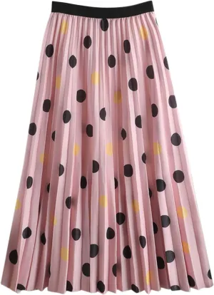 XIAOBU A-Line Skirt Womens High Waist Pleated Long Skirts Polka Dot Print Casual Swing Skirt Midi Summer Bottoms,Pink,XL