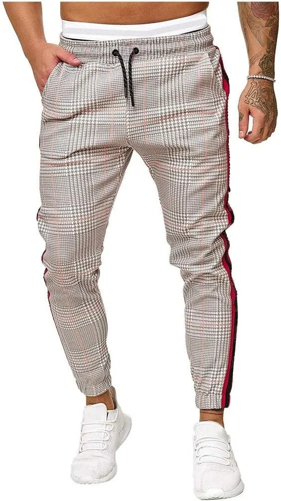 XUETON Mens Slim Fit Jogger Pants Tapered Workout Running Track Pants Drawstring Striped Chinos Comfort Flat Front Golf Work Trousers Athletic Sweatpants for Jogging Hiking Exercise Gym Workout Khaki