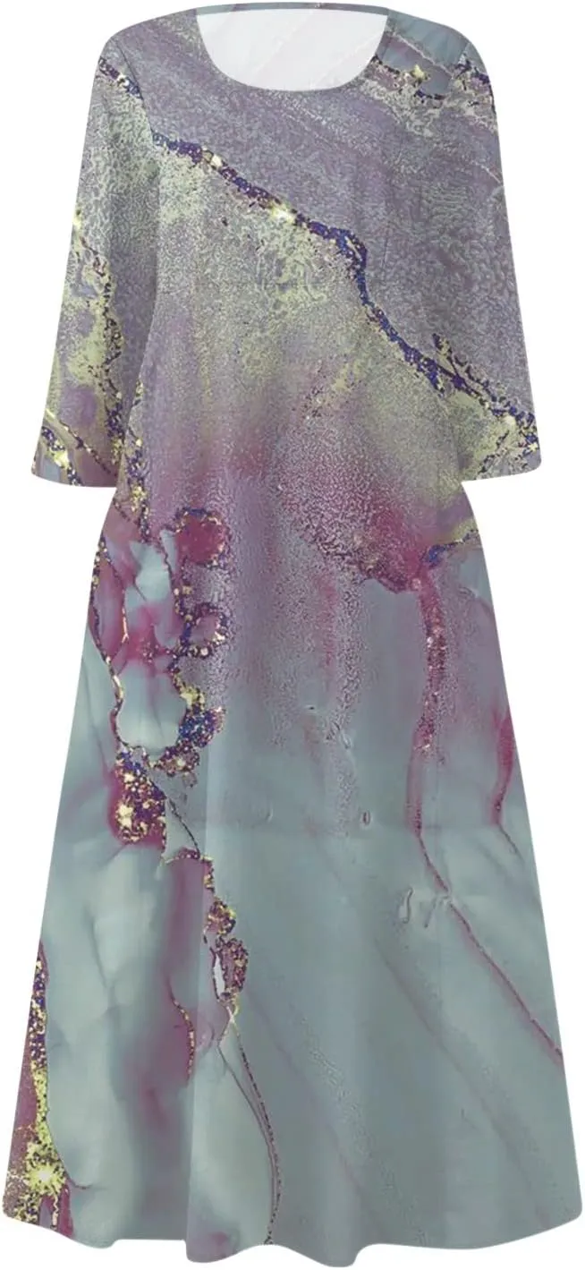Yesunpxs 3/4 Sleeve Dresses for Women Summer Flowy Long Dress Casual Beach Sundresses Printed Boho Maxi Dresses with Pockets