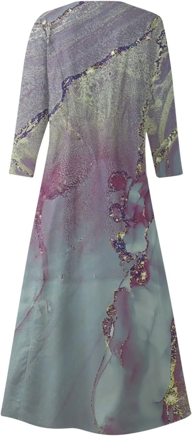 Yesunpxs 3/4 Sleeve Dresses for Women Summer Flowy Long Dress Casual Beach Sundresses Printed Boho Maxi Dresses with Pockets