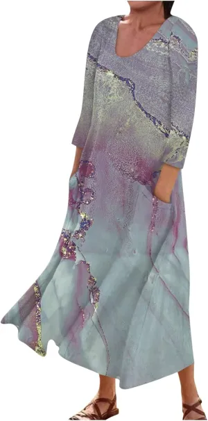 Yesunpxs 3/4 Sleeve Dresses for Women Summer Flowy Long Dress Casual Beach Sundresses Printed Boho Maxi Dresses with Pockets
