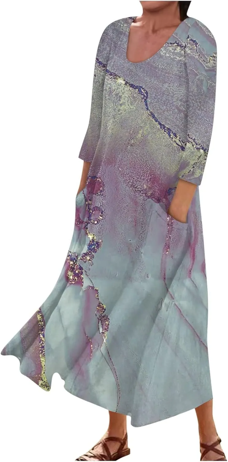 Yesunpxs 3/4 Sleeve Dresses for Women Summer Flowy Long Dress Casual Beach Sundresses Printed Boho Maxi Dresses with Pockets