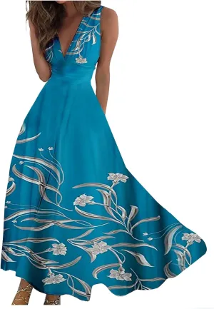 Yesunpxs Dresses for Women 2024 Sleeveless Floral Printed Maxi Dress Wrap V Neck Flowy Ruched Beach Dresses Boho Sundresses