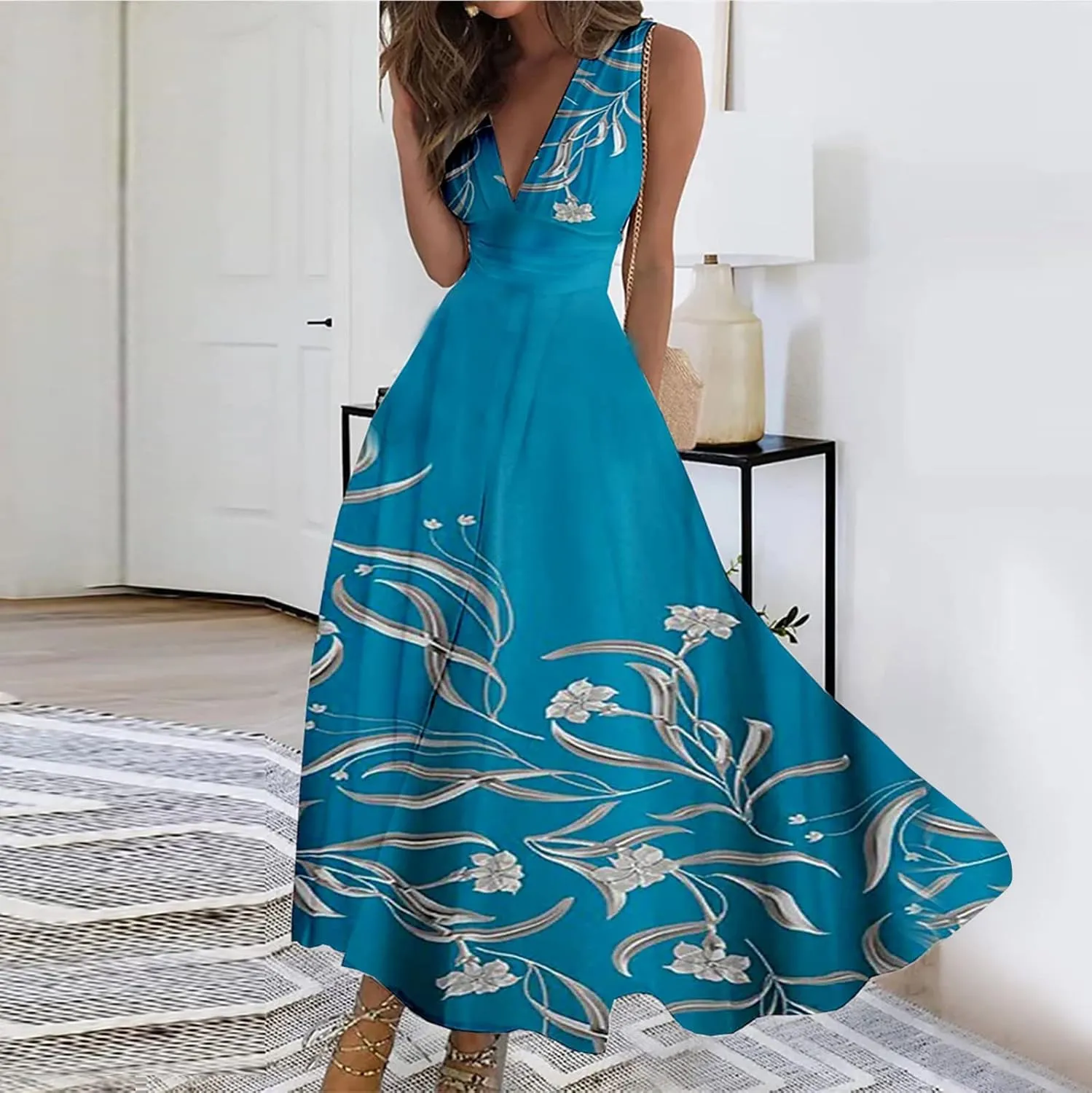 Yesunpxs Dresses for Women 2024 Sleeveless Floral Printed Maxi Dress Wrap V Neck Flowy Ruched Beach Dresses Boho Sundresses
