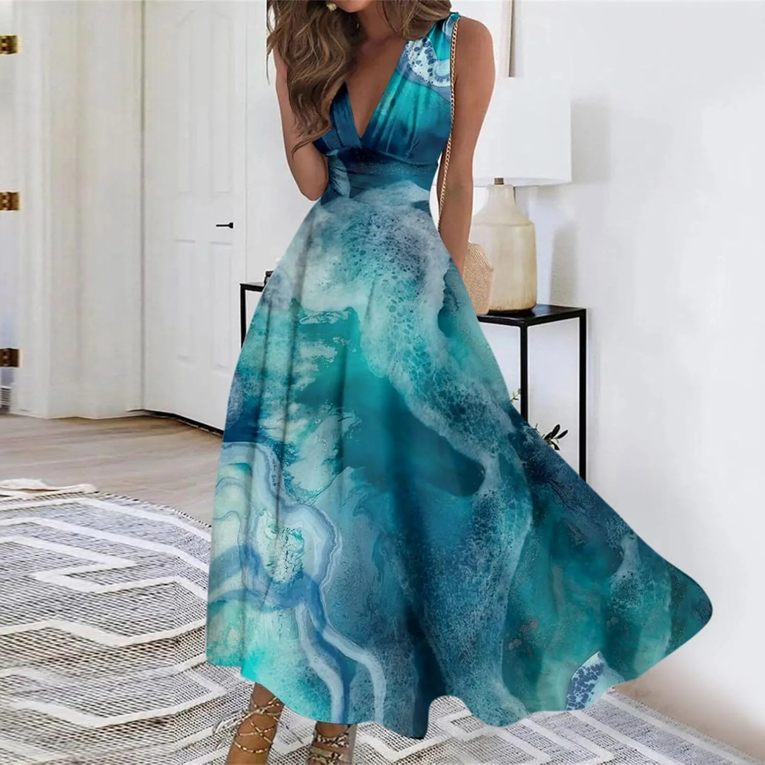 Yesunpxs Summer Dresses for Women 2024 Printed Flowy Ruched Boho Sundresses Wrap V Neck Sleeveless Beach Dresses Maxi Dress