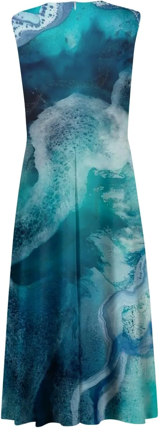 Yesunpxs Summer Dresses for Women 2024 Printed Flowy Ruched Boho Sundresses Wrap V Neck Sleeveless Beach Dresses Maxi Dress