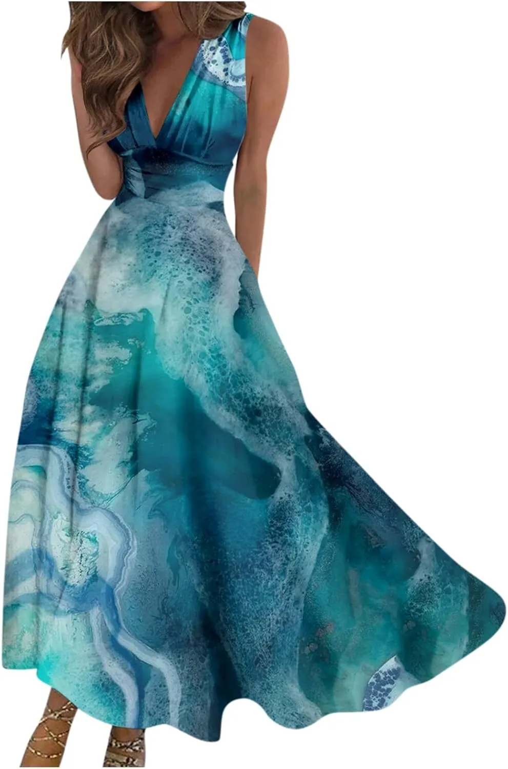 Yesunpxs Summer Dresses for Women 2024 Printed Flowy Ruched Boho Sundresses Wrap V Neck Sleeveless Beach Dresses Maxi Dress