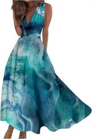 Yesunpxs Summer Dresses for Women 2024 Printed Flowy Ruched Boho Sundresses Wrap V Neck Sleeveless Beach Dresses Maxi Dress
