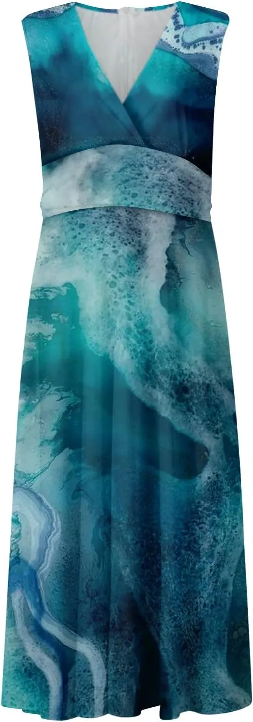 Yesunpxs Summer Dresses for Women 2024 Printed Flowy Ruched Boho Sundresses Wrap V Neck Sleeveless Beach Dresses Maxi Dress