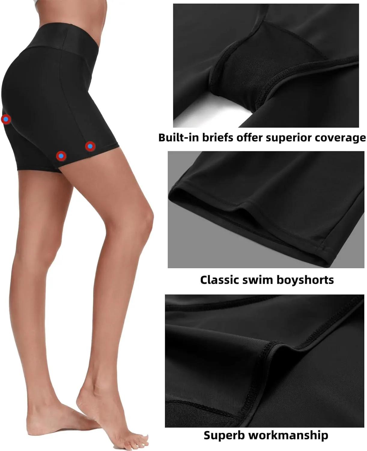 Yilisha Womens Tummy Control Swim Shorts Black Plus Size High Waisted Bikini Bottoms Swimsuit Shorts Swim Bottoms Swimwear