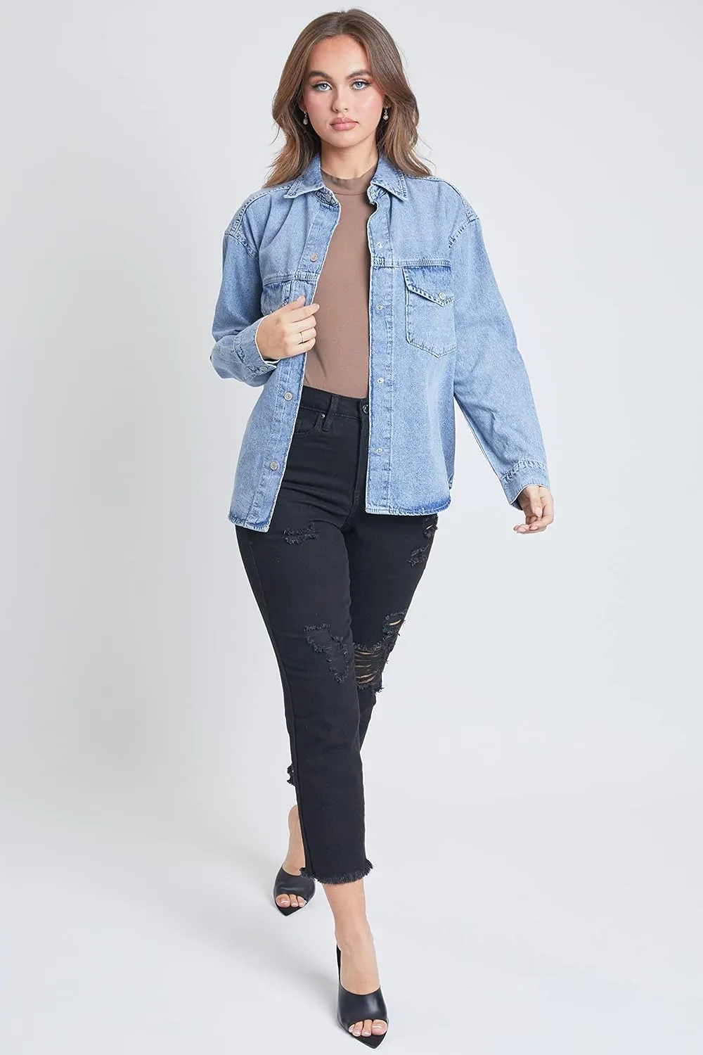 YMI Women's Junior Oversized Denim Shacket