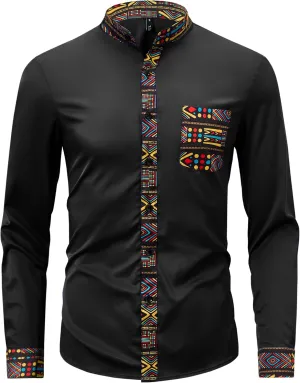 ZAFUL Men's African Shirt Hipster Tribal Graphic Patchwork Slim Fit Tee Long Sleeve Button Down Mandarin Collar Shirts