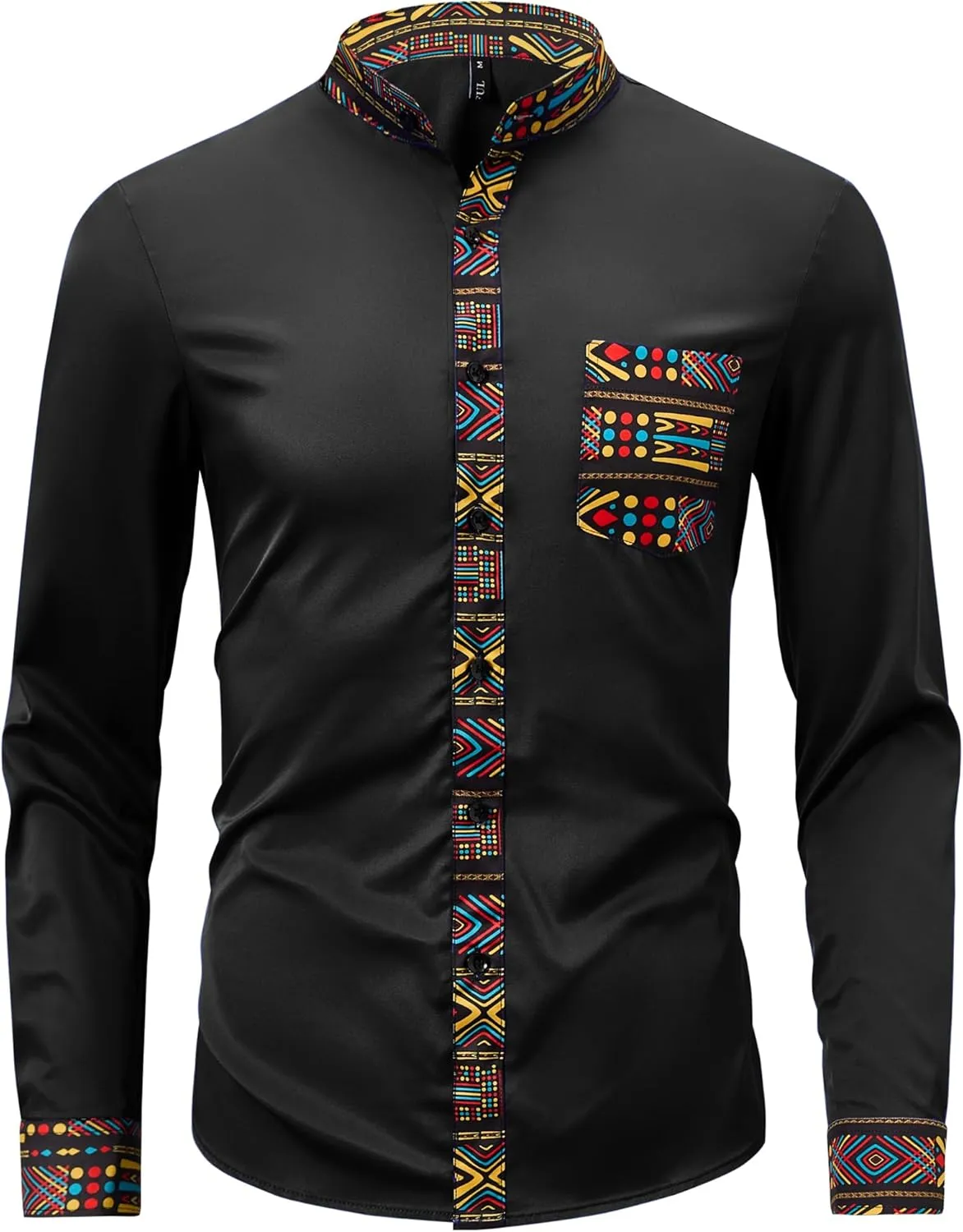 ZAFUL Men's African Shirt Hipster Tribal Graphic Patchwork Slim Fit Tee Long Sleeve Button Down Mandarin Collar Shirts