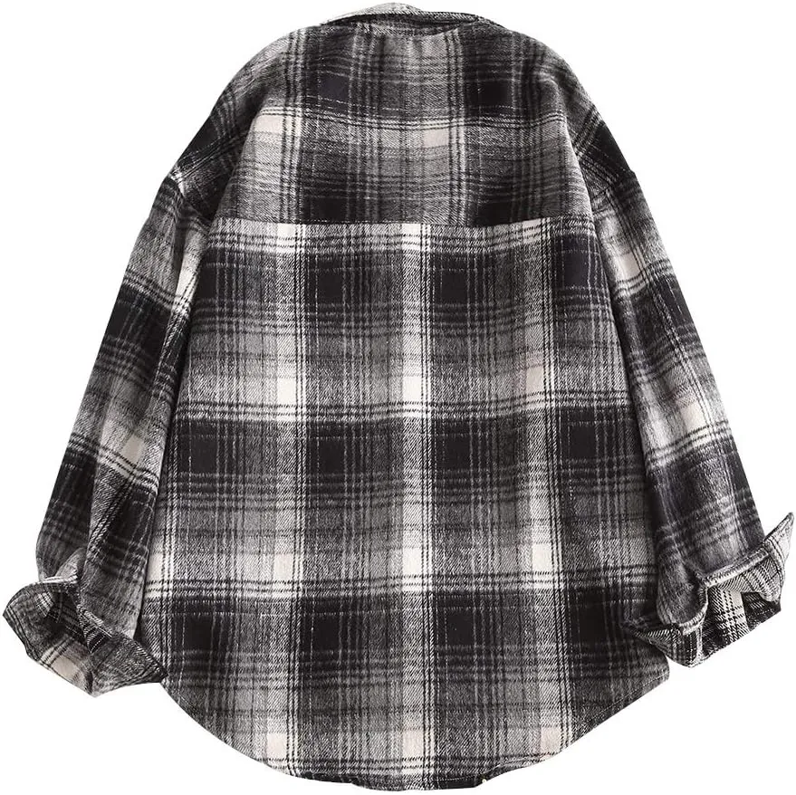 ZAFUL Women's Plaid Long Sleeve Shirt Button Down Thin Jacket Casual Flannel Plaid Shacket with Pocket