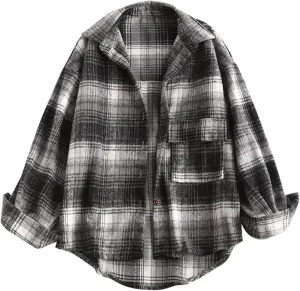 ZAFUL Women's Plaid Long Sleeve Shirt Button Down Thin Jacket Casual Flannel Plaid Shacket with Pocket