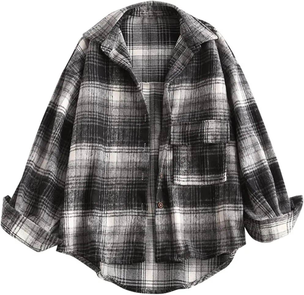 ZAFUL Women's Plaid Long Sleeve Shirt Button Down Thin Jacket Casual Flannel Plaid Shacket with Pocket
