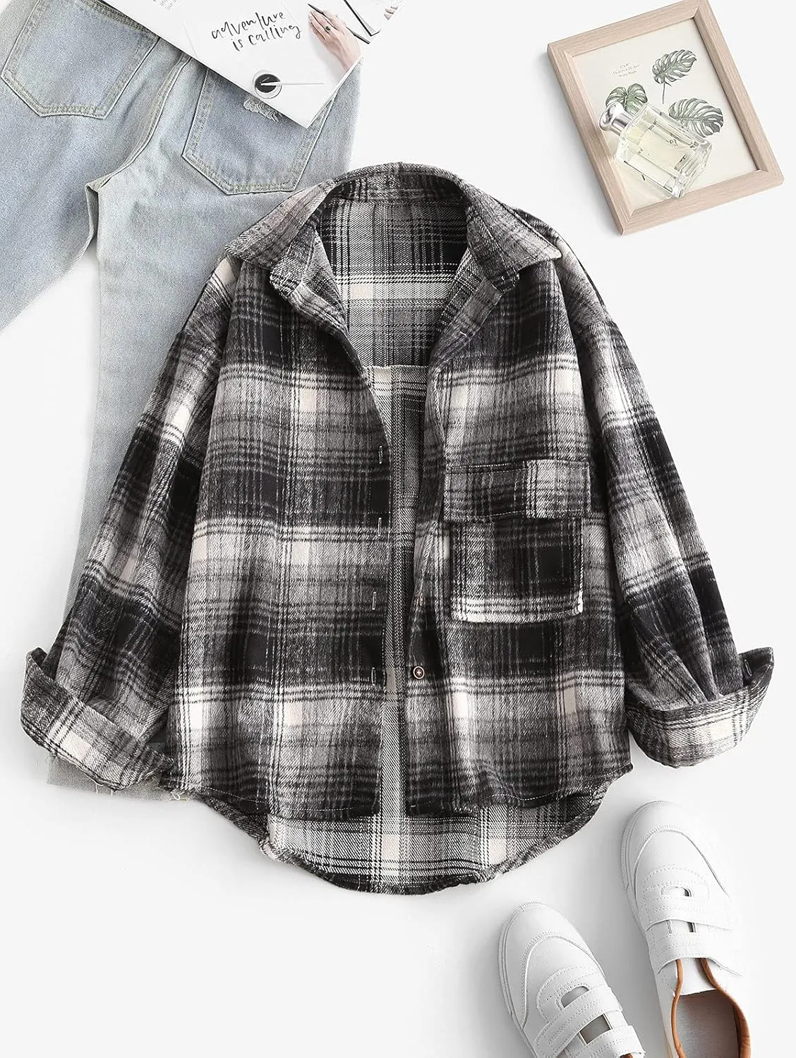 ZAFUL Women's Plaid Long Sleeve Shirt Button Down Thin Jacket Casual Flannel Plaid Shacket with Pocket