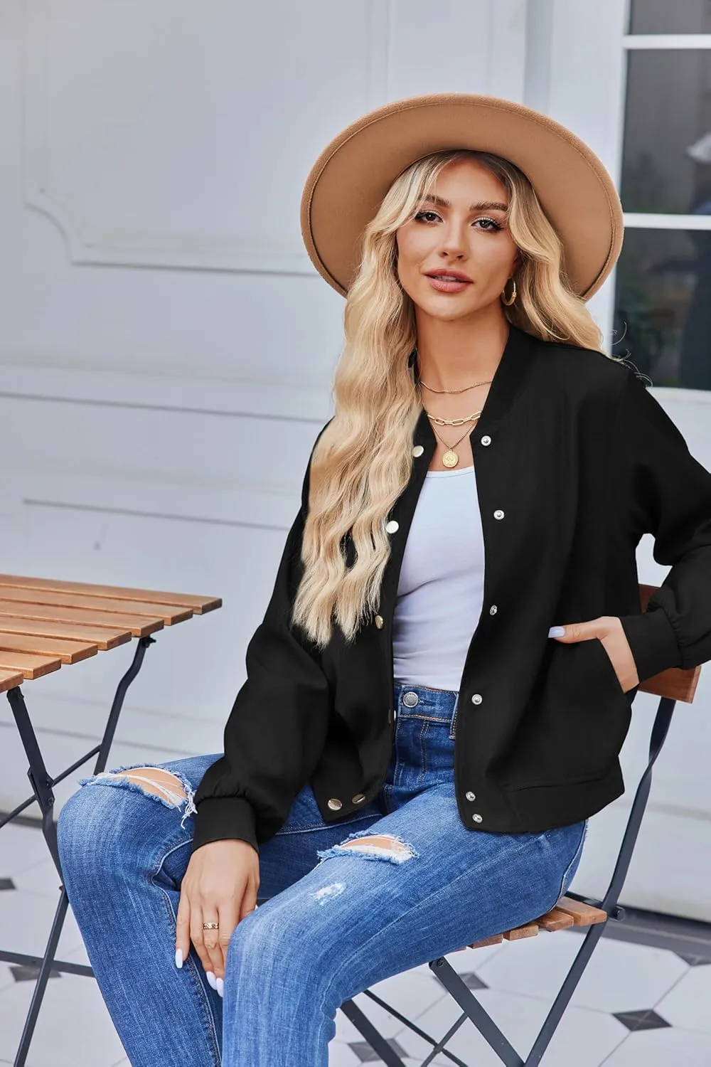 Zeagoo Bomber Jacket Women Varsity Casual Button Down Lightweight Spring Short Outwear with Pockets