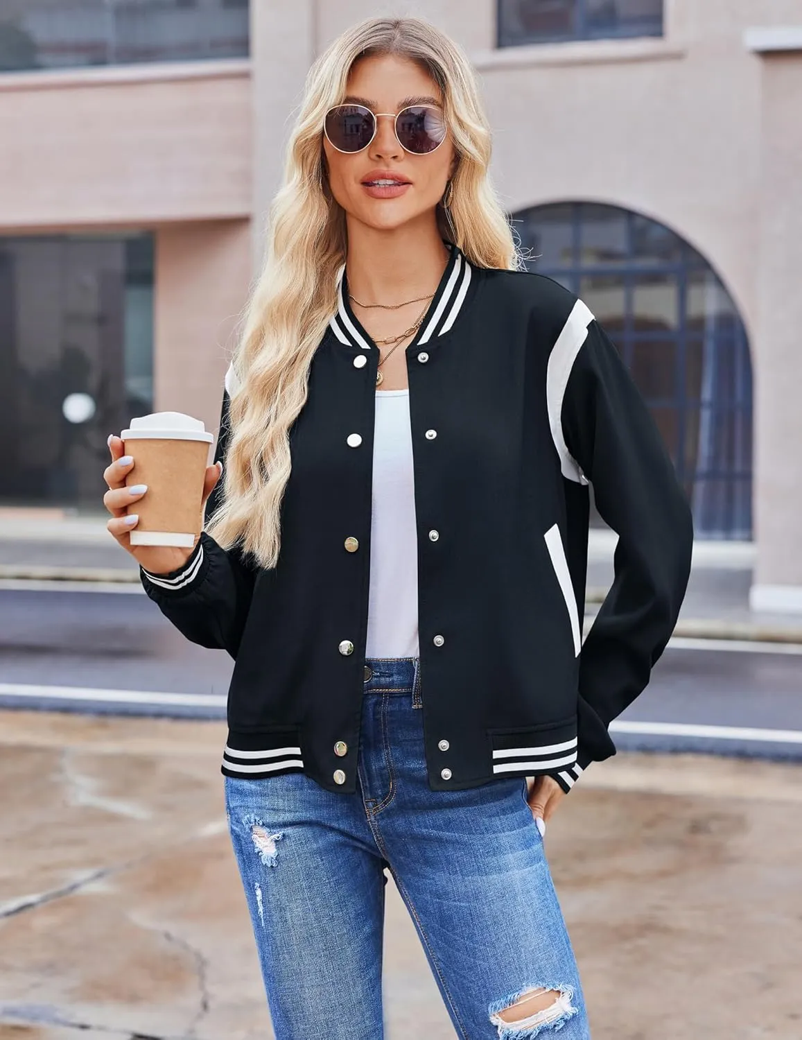 Zeagoo Bomber Jacket Women Varsity Casual Button Down Lightweight Spring Short Outwear with Pockets