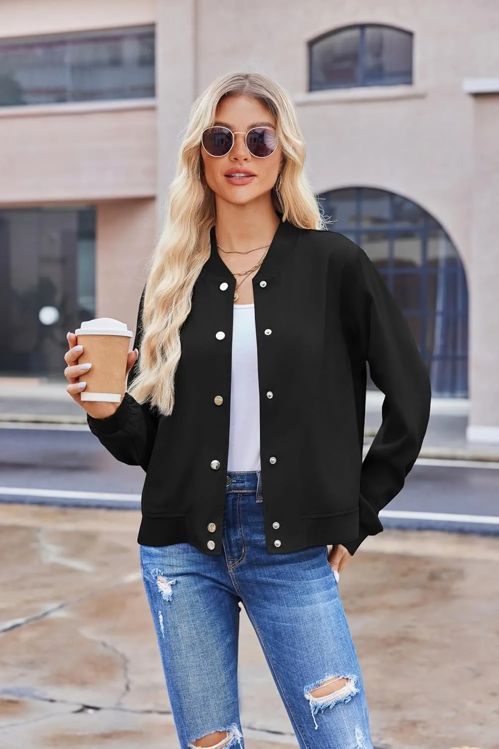Zeagoo Bomber Jacket Women Varsity Casual Button Down Lightweight Spring Short Outwear with Pockets