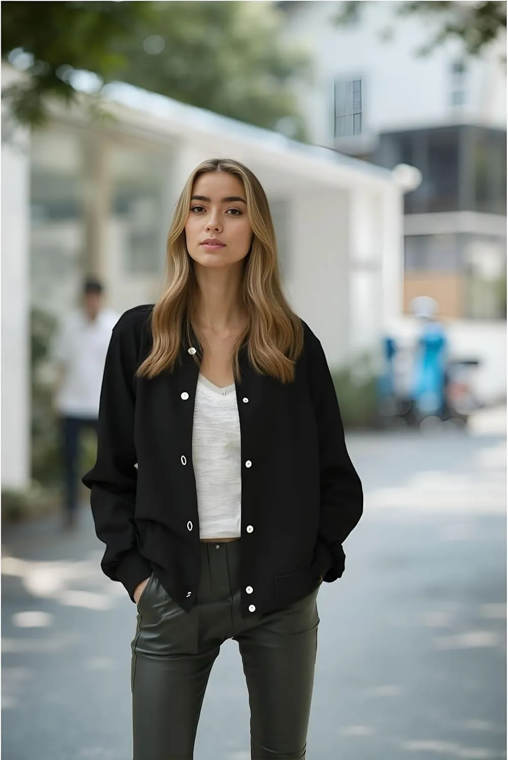 Zeagoo Bomber Jacket Women Varsity Casual Button Down Lightweight Spring Short Outwear with Pockets