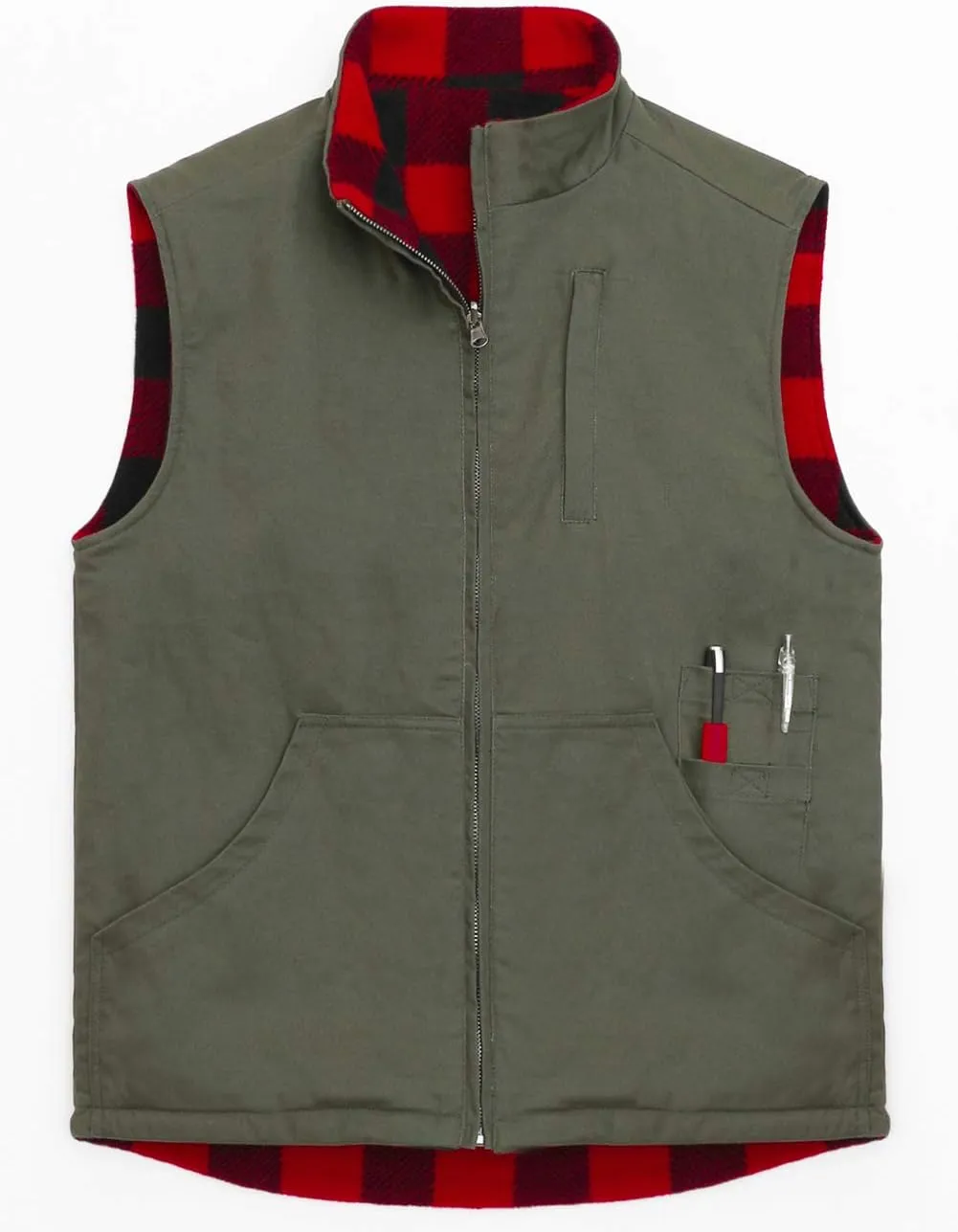 ZENTHACE Men's Reversible Casual Vest Flannel Fleece Lined Outdoor Work Safari Fishing Travel Vest Jacket