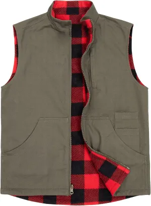 ZENTHACE Men's Reversible Casual Vest Flannel Fleece Lined Outdoor Work Safari Fishing Travel Vest Jacket