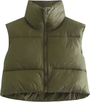 Zhiyouni Womens Cropped Puffer Vest Lightweight Sleeveless Stand Collar Short Padded Vest Gilet