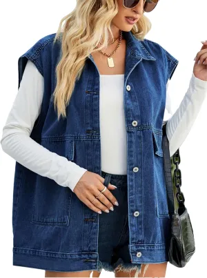 Zontroldy Denim Jean Vest for Women Oversized Sleeveless Button Down Denim Jean Vest Waistcoat Shacket Jacket