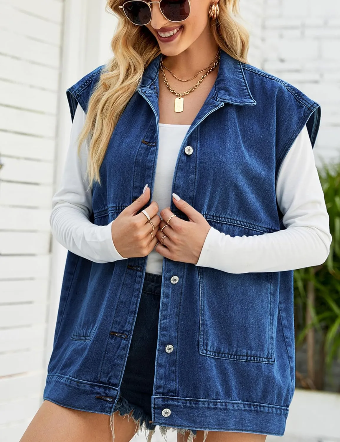 Zontroldy Denim Jean Vest for Women Oversized Sleeveless Button Down Denim Jean Vest Waistcoat Shacket Jacket