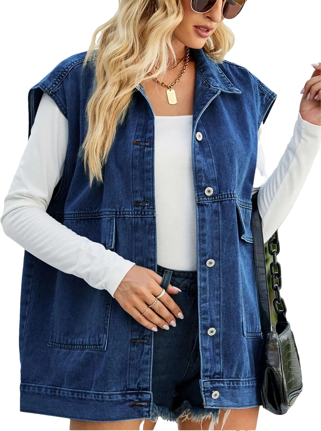 Zontroldy Denim Jean Vest for Women Oversized Sleeveless Button Down Denim Jean Vest Waistcoat Shacket Jacket